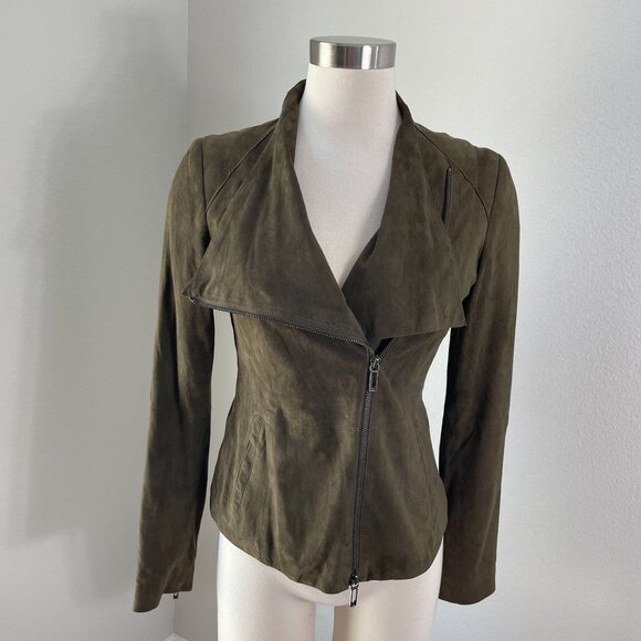 VINCE Womens XS Olive Green 100% Leather Moto Jacket Asymmetrical Zip Up